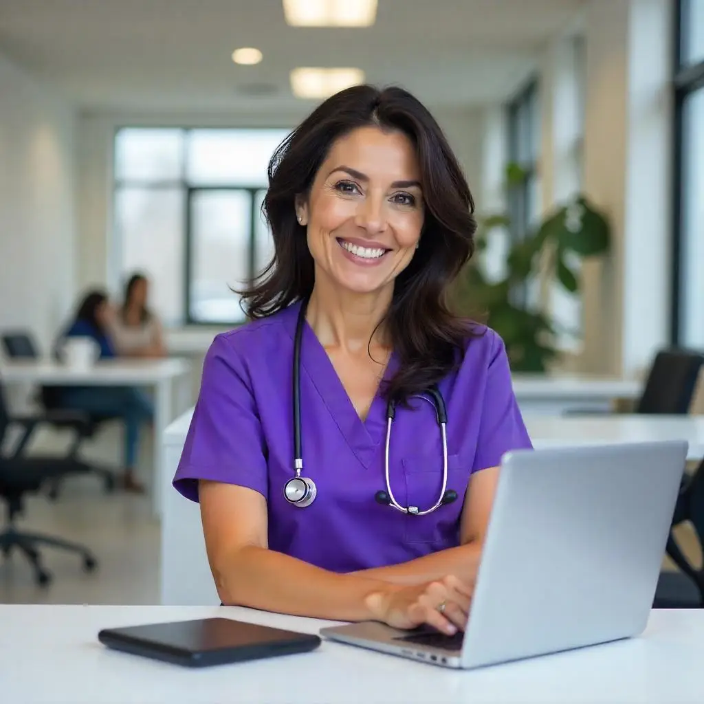 Nurse sitting at her desk with her laptop