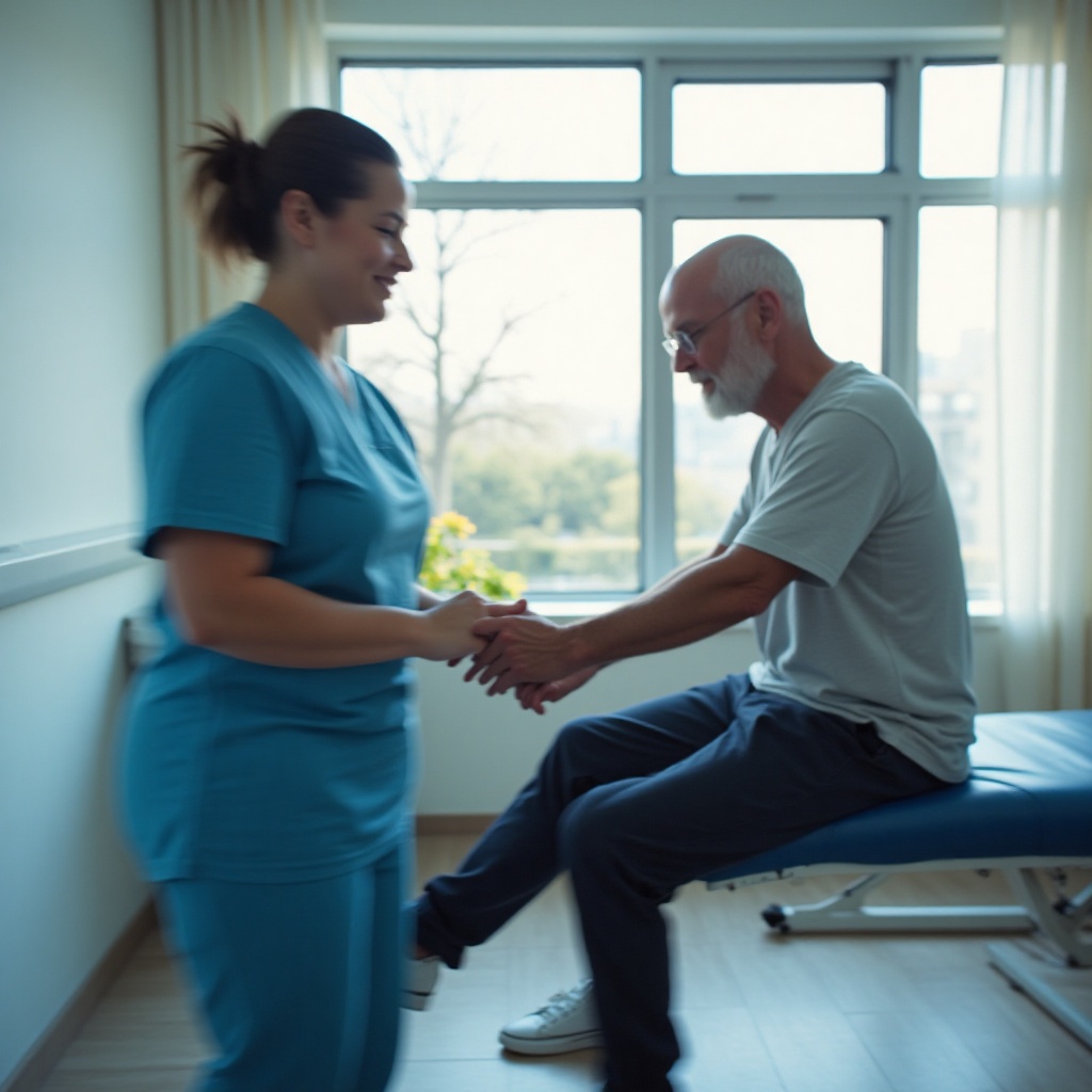 An older man rehabilitating a back injury as a physical therapist helps him in a clinical setting