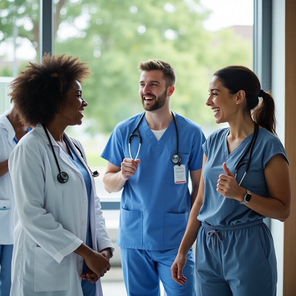 three nurses standing together, laughing